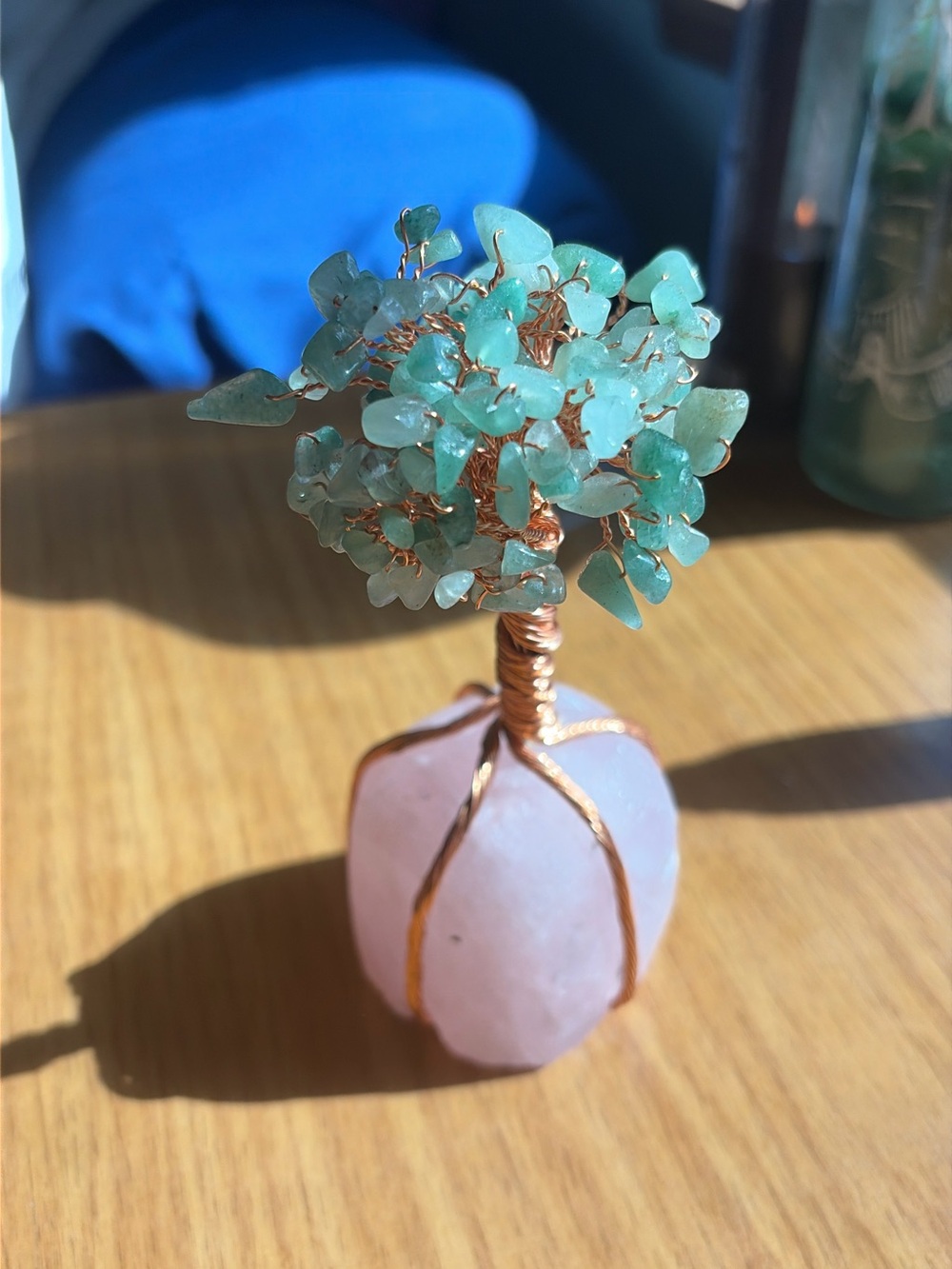 Crystal Gemstone Tree with Rose Quartz Base and Green Chip Leaves